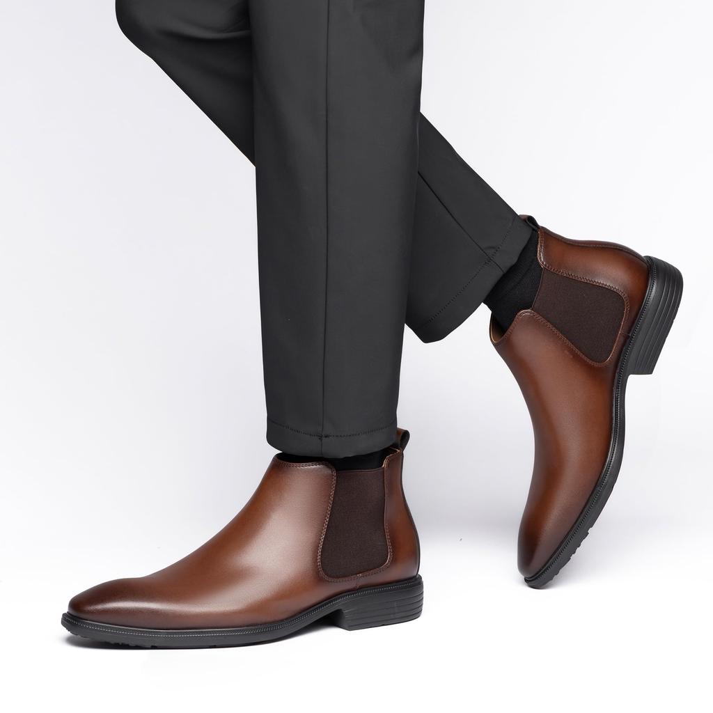 [Foxsense] Boots Business Shoes Chelsea Boots Business Leather Shoes Side Gore Men's Fully Waterproof Chukka Genuine Leather Dress Shoes Formal Non-Sl