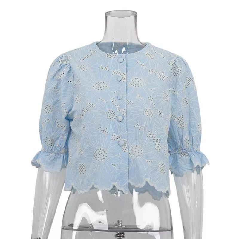 

Western Style New Embroidered Short Shirts Fashion Bell Sleeve Shirt Embroidered Short Shirt Blue S
