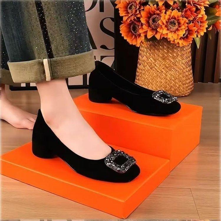 Low-heeled casual single shoes New autumn black square-headed rhinestone shallow mouth temperament thick-heeled commuter shoes