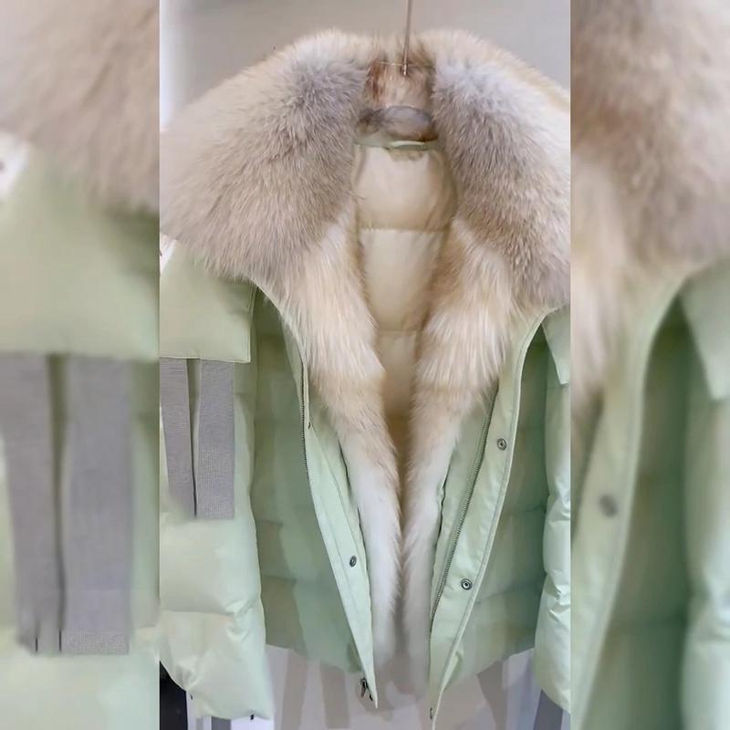 Winter Green Short Detachable Faux Fur Coat Women Down Jacket High End Fashionable Outerwear