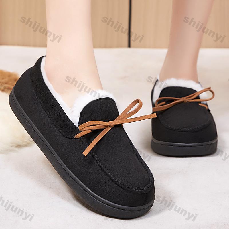 Women's Cotton Shoes 2025 Winter New Plush Thickened Warm Home Slippers Fashion Vintage Bow-knot Flat Outdoor Luxury Short Boots