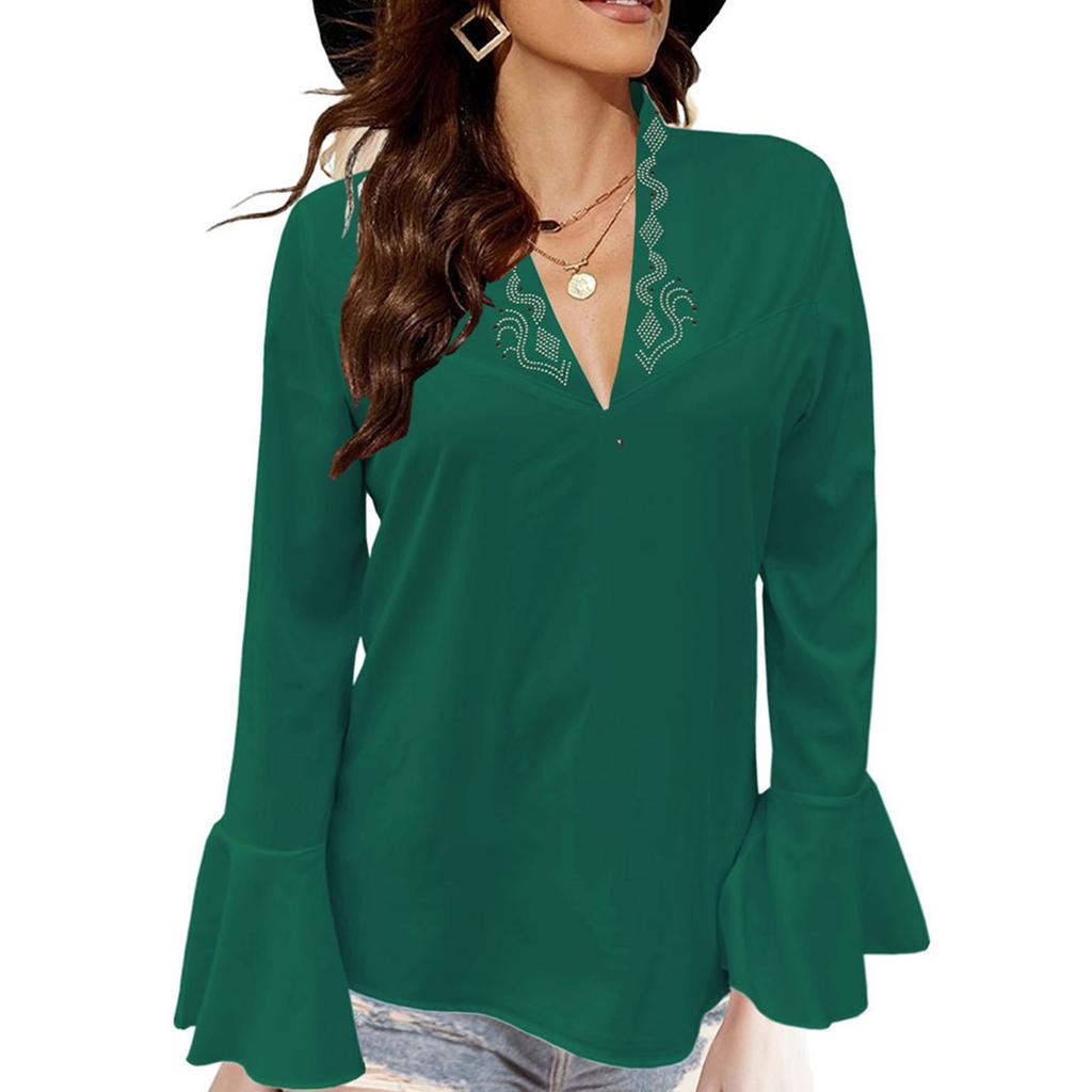 Damesmode V-hals Pailletten Effen Kleur Ruches Lange Mouw Shirt Top