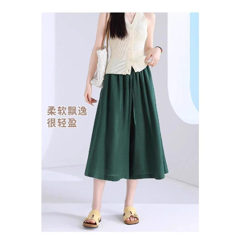 Women's Linen-Blend Wide Leg Pants, Elastic Waist Casual Culottes With Drawstring