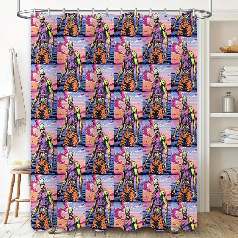 Spooky Zombie Shower Curtain Horror Movie Theater Gothic Decor Halloween Bathroom Set Vintage Retro Style Wall Art