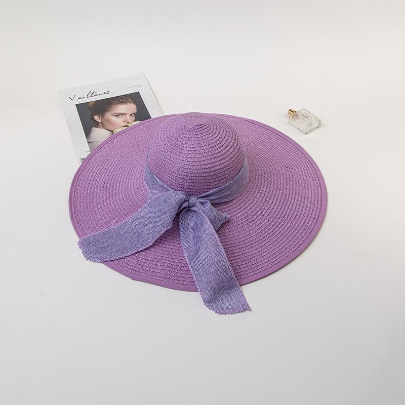 Damen Strohsonnenhut mit extra breiter Krempe, Sommer UV-Schutz Hut mit breiter Krempe und Schleife, Strand Sonnenschutz Schlapphut, Elegante Urlaubsreise Sonnenkappe