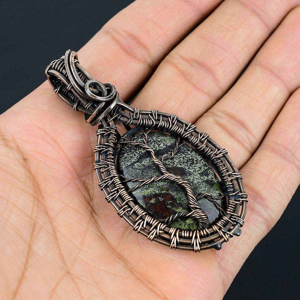 Tree Of Life Dragon Blood Jasper Gemstone Handmade Jewelry Pure Copper Wire Wrap Pendant