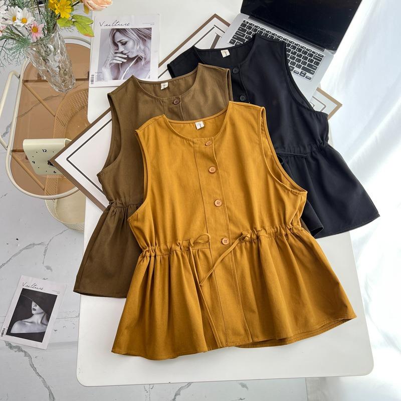 Plus Size Women Casual Solid Waist Cinching Sleeveless Vest Cardigan