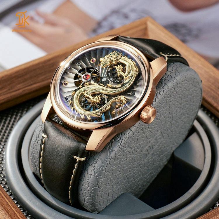 Rose Gold Stainless Steel case Mechanical 3D Red Dragon Watch for Men Automatic Wristwatches logo Brand Customized Supplier