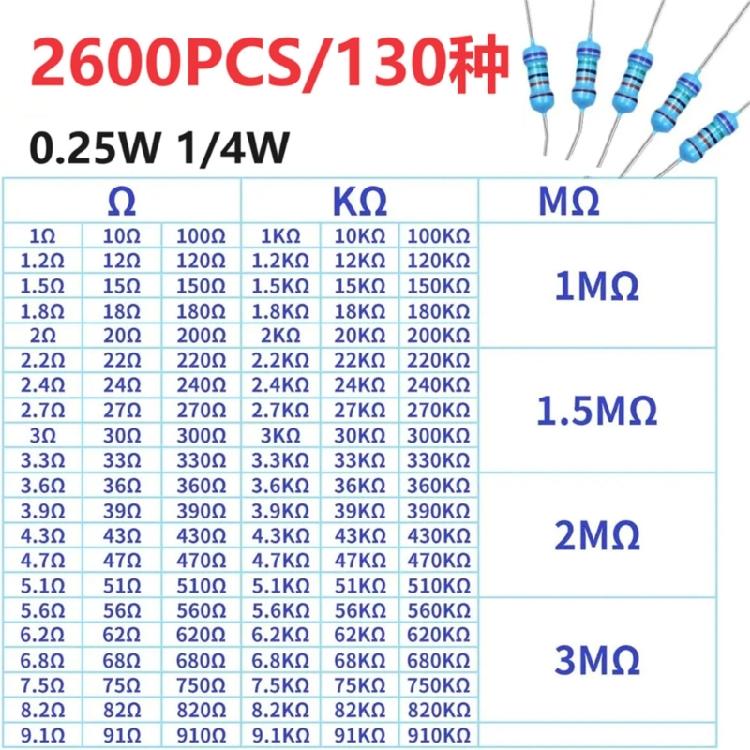 2600Pcs Metal Film Resistor Kits 1Ohm-10MOhm 1/4W 1% 130 Values Resistor Kits for Making Projects and Experiments