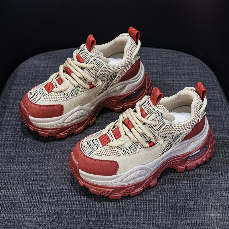 Thick-soled Retro Dad Shoes Women's 2025 Autumn New Height Increase Casual Fashion Versatile Sports Hot Diamond Red Women's Shoes