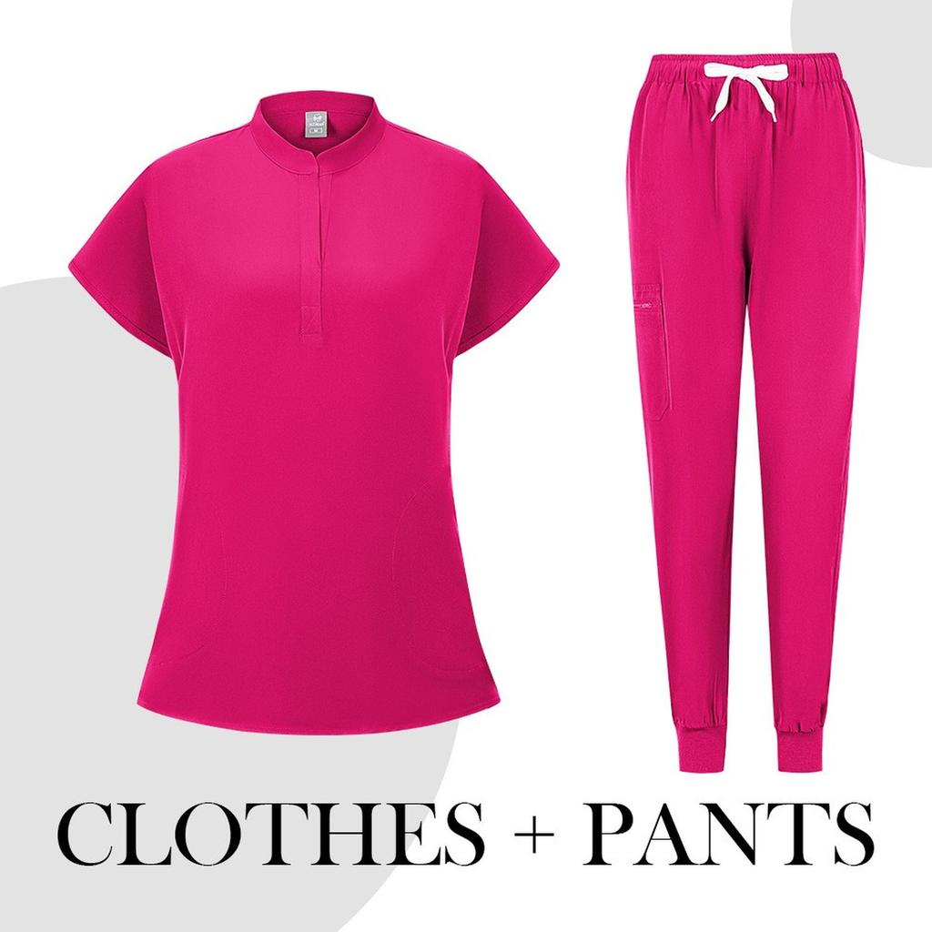 Women's Quick Drying Fabric Solid Color V-neck Pocket Short Sleeved Pants Set Workwear