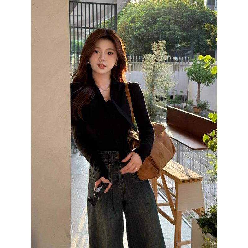 Early autumn light ribbon neck knitted sweater women's new autumn and winter high-end design sense inner bottoming shirt top