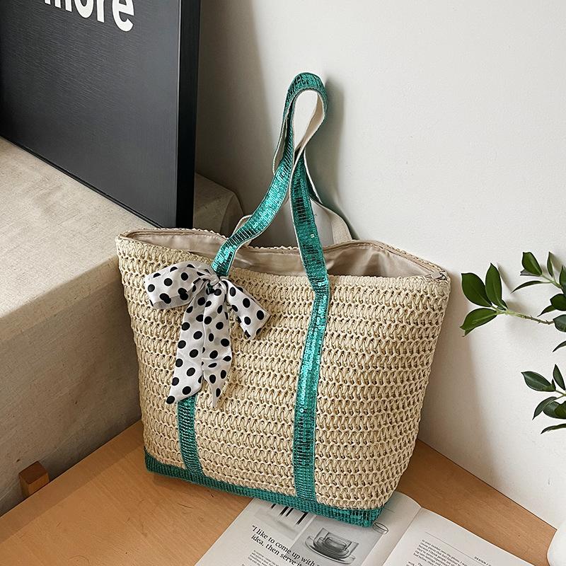 

Соломенная сумка большой вместимости, женская новая летняя пляжная сумка для моря, нишевая плетеная сумка-тоут через плечо зелёный