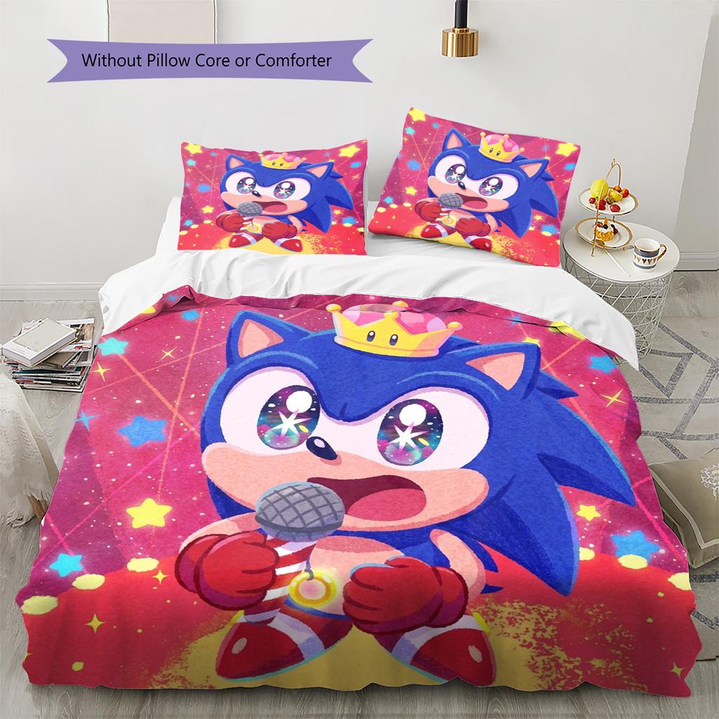 Hedgehog Sonic Pattern Bedding Quilt Set Quilt Cover Pillowcase Home Decoration Birthday Gift (1 * Duvet Cover + 2 * Pillowcase, Without Core)