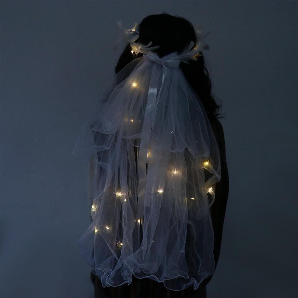 White Veil Mesh Bride Crown Headbands LED Light Bride Veil Korean Bride Headwear Women Wedding Veil
