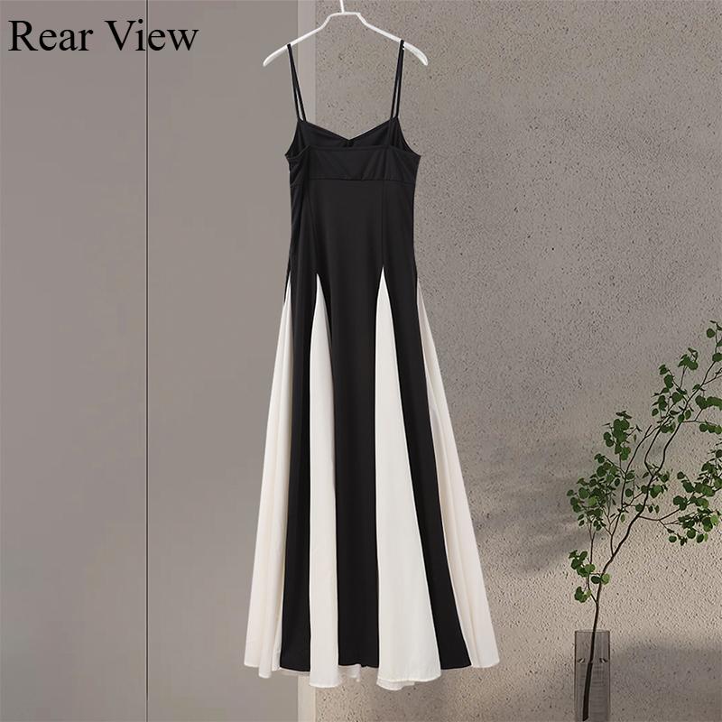 Fashion Contrasting Color Spaghetti Strap Dress for Women Elegant Gauze Backless A-line Long Dresses New Lady Party Evening Dresses