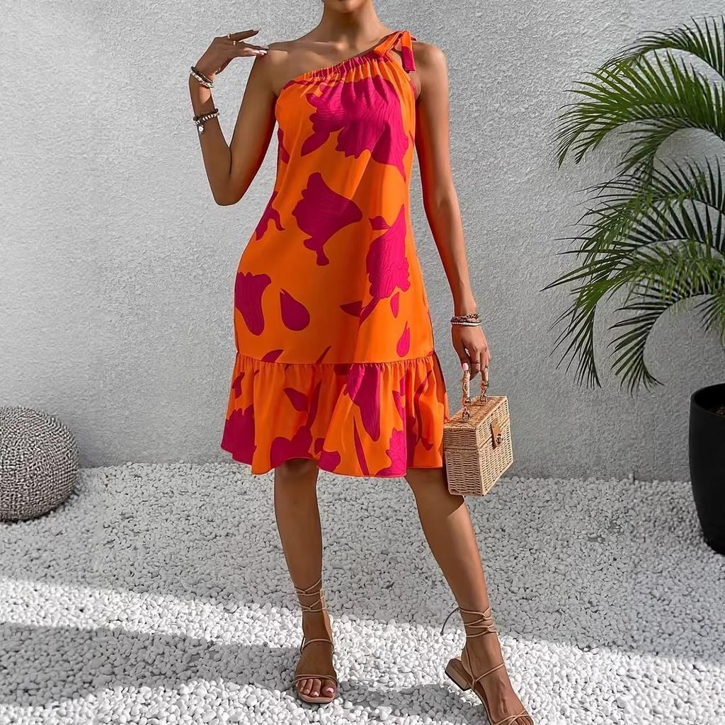 Summer new holiday style floral print shoulder ruffle edge dress women's, large size thin seaside holiday dress