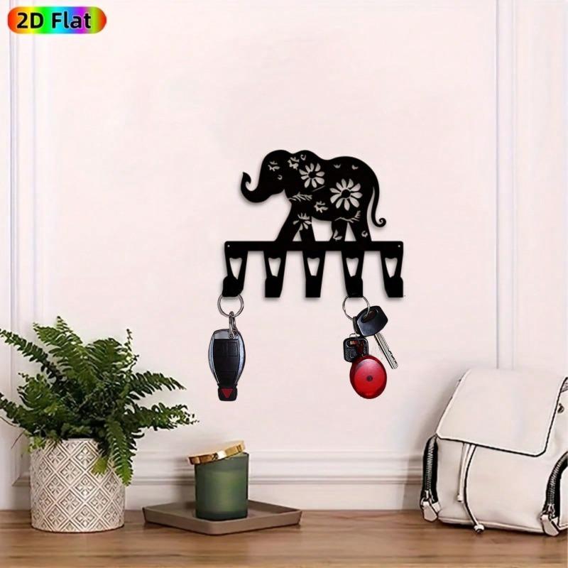 Bohemian Elephant Flower Key Rack Hand Forged Iron Wall Decor with 5 Hooks for Entryway