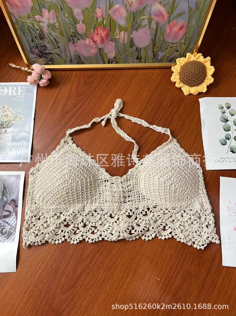 New fashionable and sexy tube top with small suspenders for women's summer seaside beach lace-up hollow knitted neck top