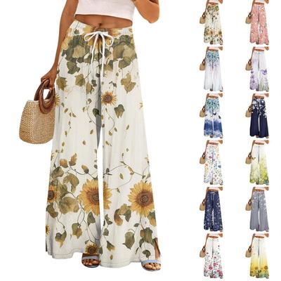 Women Summer Boho Palazzo Pants High Waist Wide Leg Printing Casual Trousers With Pockets