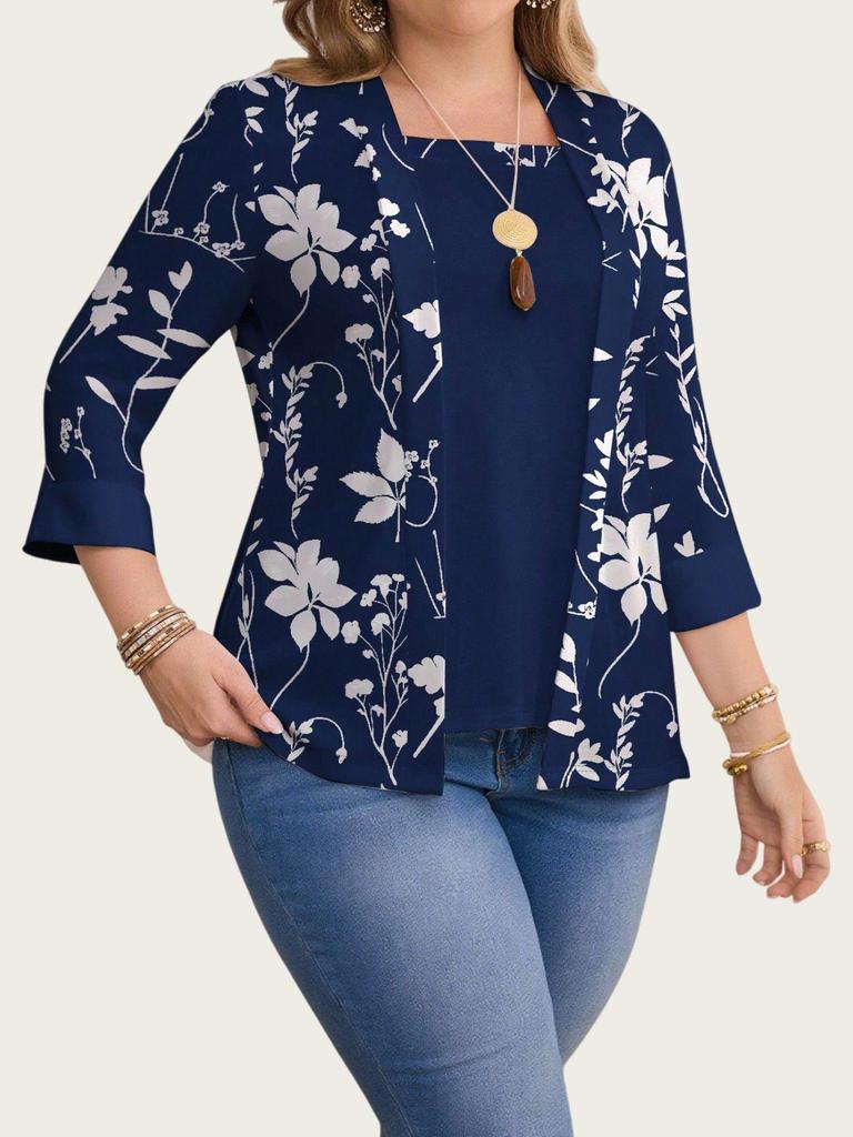 2025 Plus Size Floral Print Casual Two-Piece Seven-Sleeve Top for Women