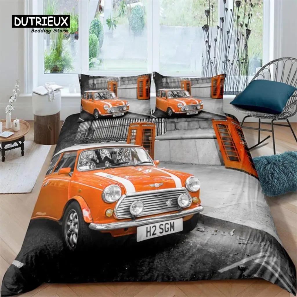 Retro Auto Bettbezug Full Vintage Autos Bettwäsche Set Stadt Gebäude Bettdecke Bezug Kissenbezüge Für Kinder Jungen Teenager Schlafzimmer Dekor