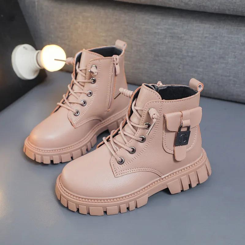 Autumn Winter Warm Kids Versatile Anti-slip Cotton Boots Children Leather Boots Girls Boys Casual Comfortable Short Boots