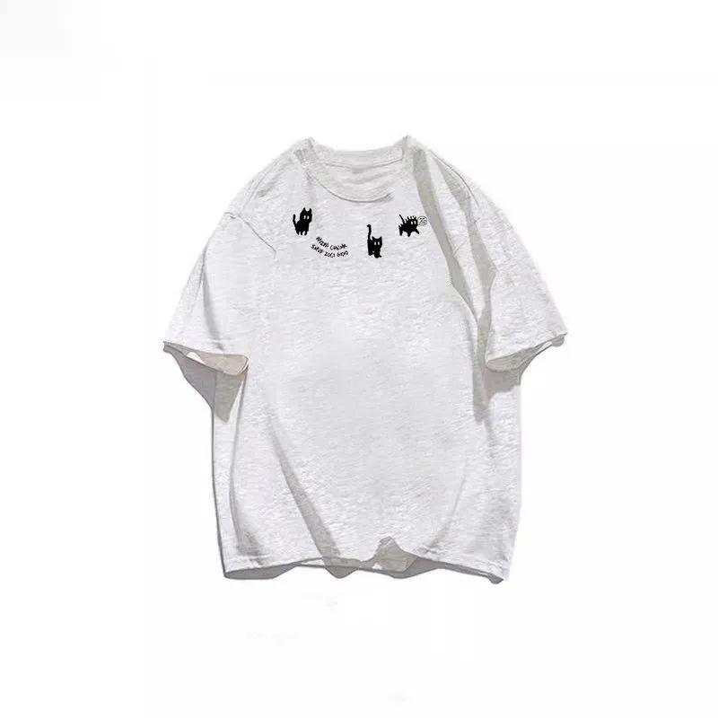 

Тяжелая футболка унисекс из 100% хлопка с принтом котенка, свободного кроя, с короткими рукавами S (up to 45 kg) белый/серый