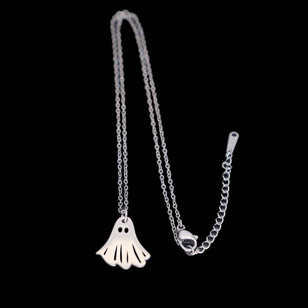 Stainless Steel Halloween Ghost Pendant Necklace - Cute Cartoon Clavicle Chain Jewelry Accessory