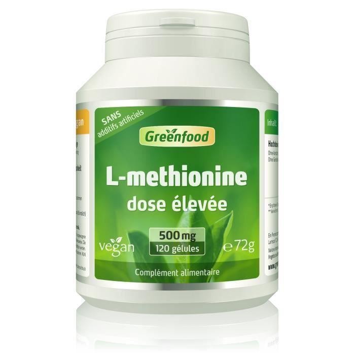 Greenfood l-Methionin, 500 mg, hohe Dosierung, 120 Kapseln, vegan - Aminosäure.