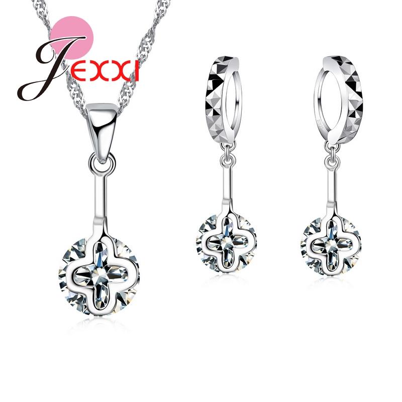Wedding Accessories Women Jewelry Sets 925 Sterling Silver Austrian Crystal Hollow Necklace Dangle Earrings