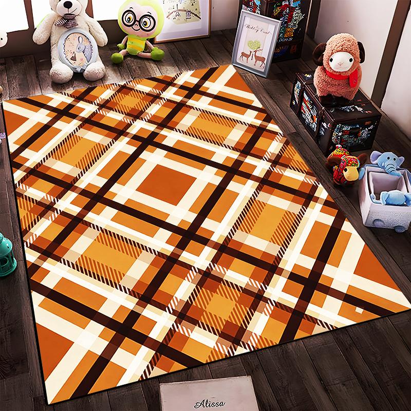 Modern Plaid Pattern Carpet In Brown and Orange, Minimalist Style Rug Suitable for Use As an Anti-slip for Living Room Bedroom Sofas