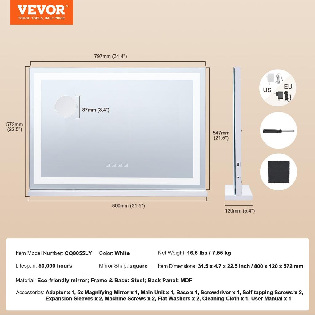 VEVOR Lighted Makeup Mirror 3 Color W/ Bluetooth USB Desktop Wall-mount 55.1 Cm