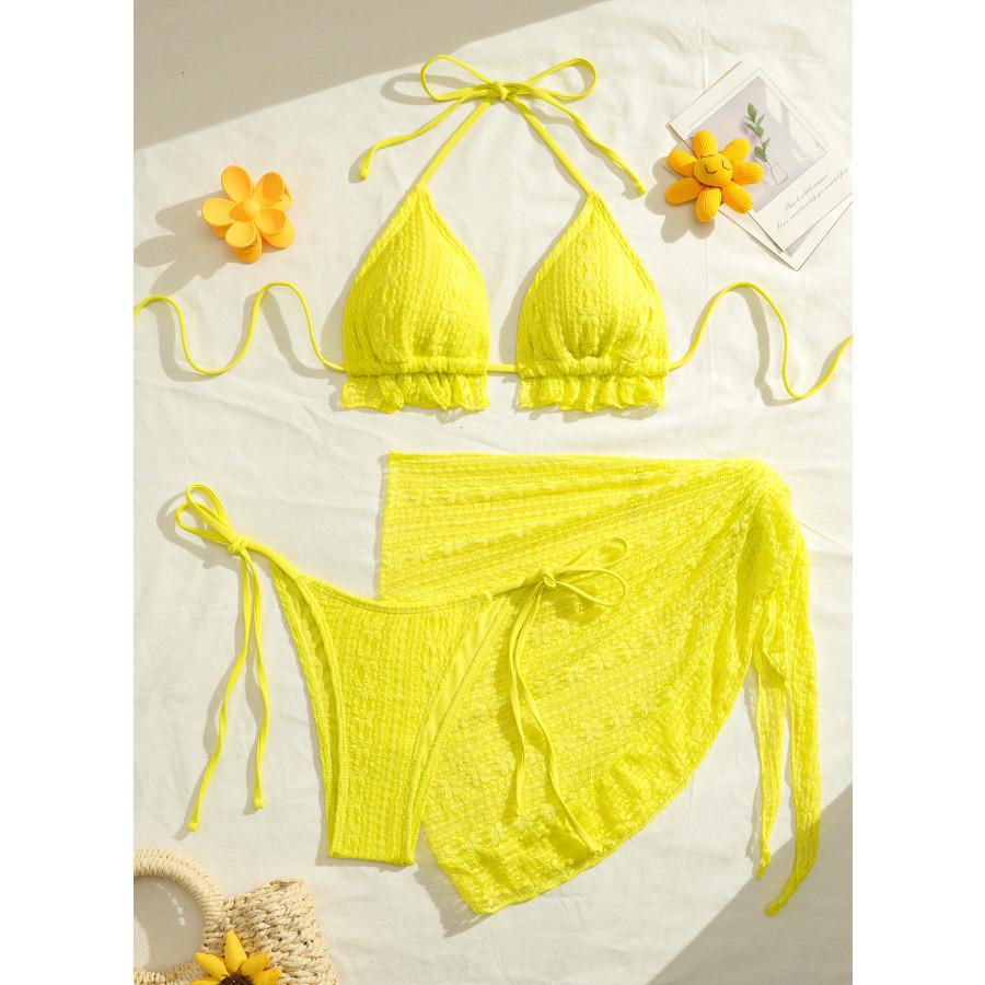 

New Sexy 3 Piece Bikini Swimsuit Set with Sheer Skirt Solid Color Halter Swimwear XL жовтий