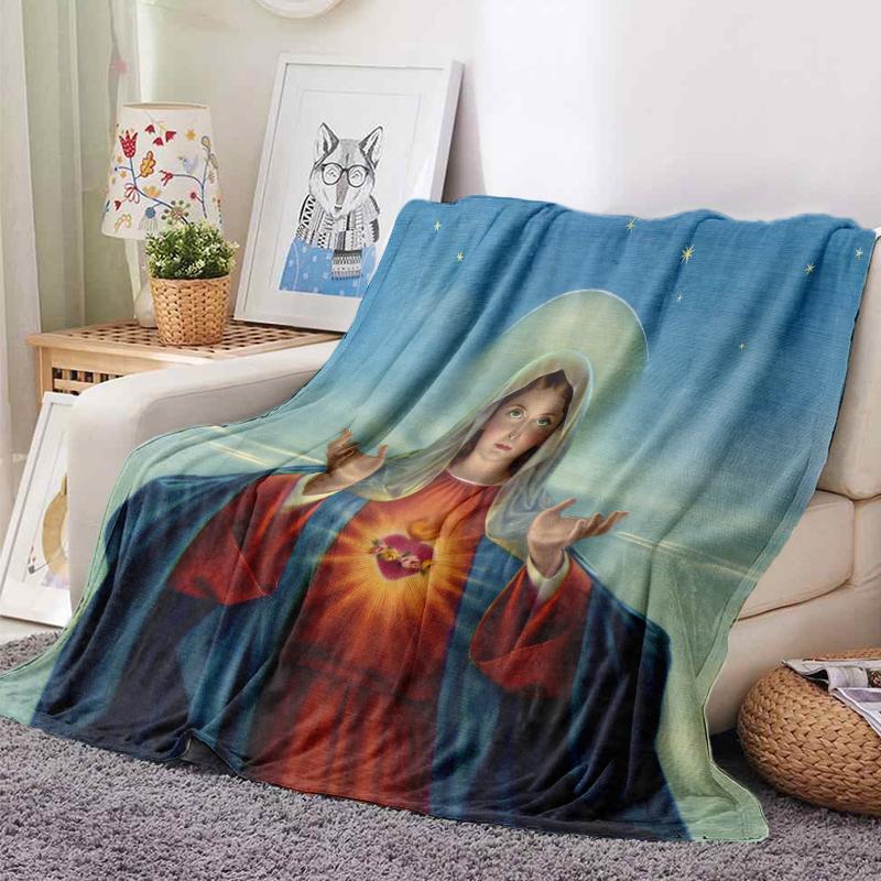 75x100cm Virgin Mary Mother of Christian Faith Jesus Stitch Printed Blanket, Suitable For Bed, Bedroom, Sofa, Picnic, For Gifts