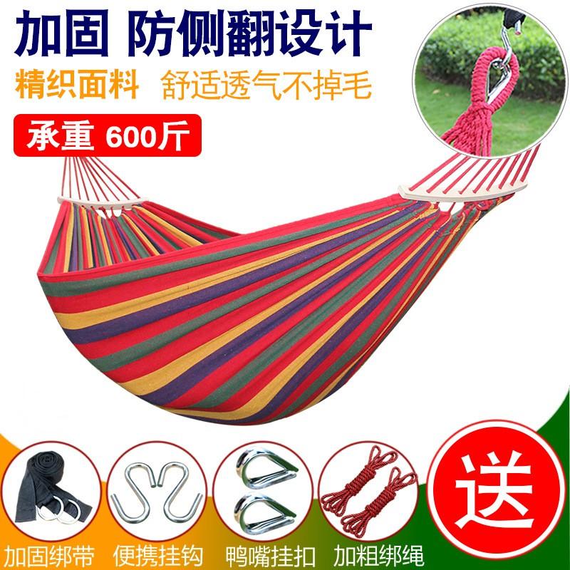 Outdoor Camping Hammock With Duckbill Anti-Tip Wooden Rods Heavy-Duty Canvas Nylon Fabric Reinforced Eyelets 200kg Load