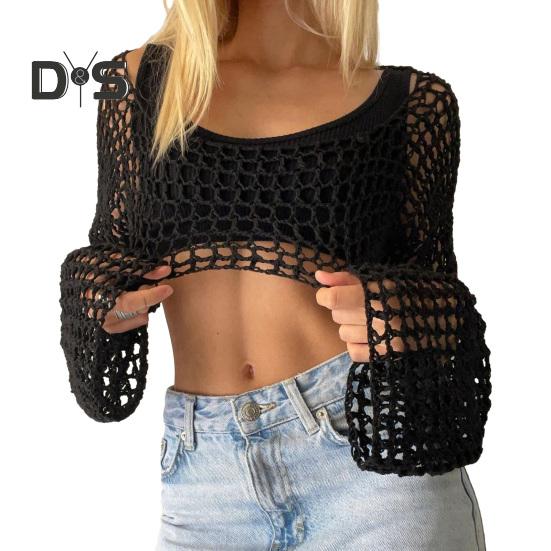 

Женский свитер, вязаный крючком, ажурный укороченный топ, стильная удобная блузка, уличная одежда на осень S чёрный