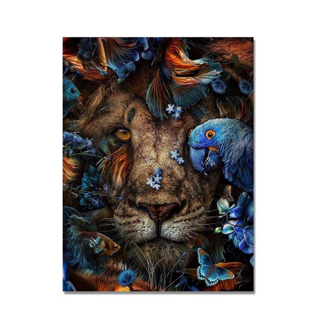 Lion and Tiger Flowers Canvas Painting Animal Cuadros Posters and Prints Nordic Wall Art Pictures for Living Room Home Decor