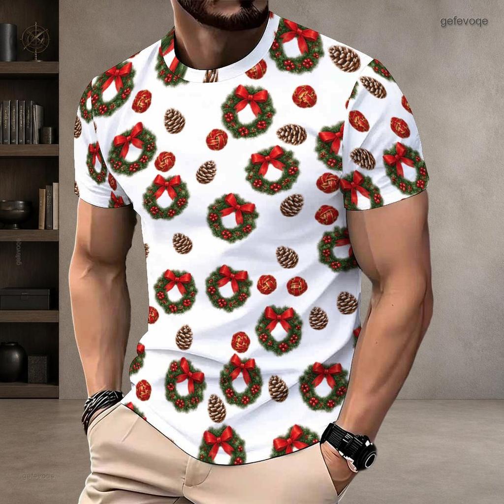 Men s Plus Size Round Neck Short Sleeve Christmas Robin Holly Printed White Pullover T Shirt
