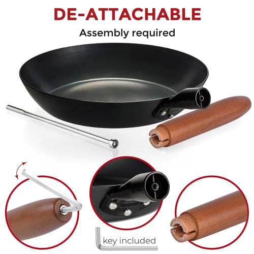 YOSUKATA 10 1/4-inch Carbon Steel Frying Pan ? Non-Toxic Pre-Seasoned Skillet with Removable Wooden Handle ? Coating-Free Wok-Style Pan for Gas, Induc