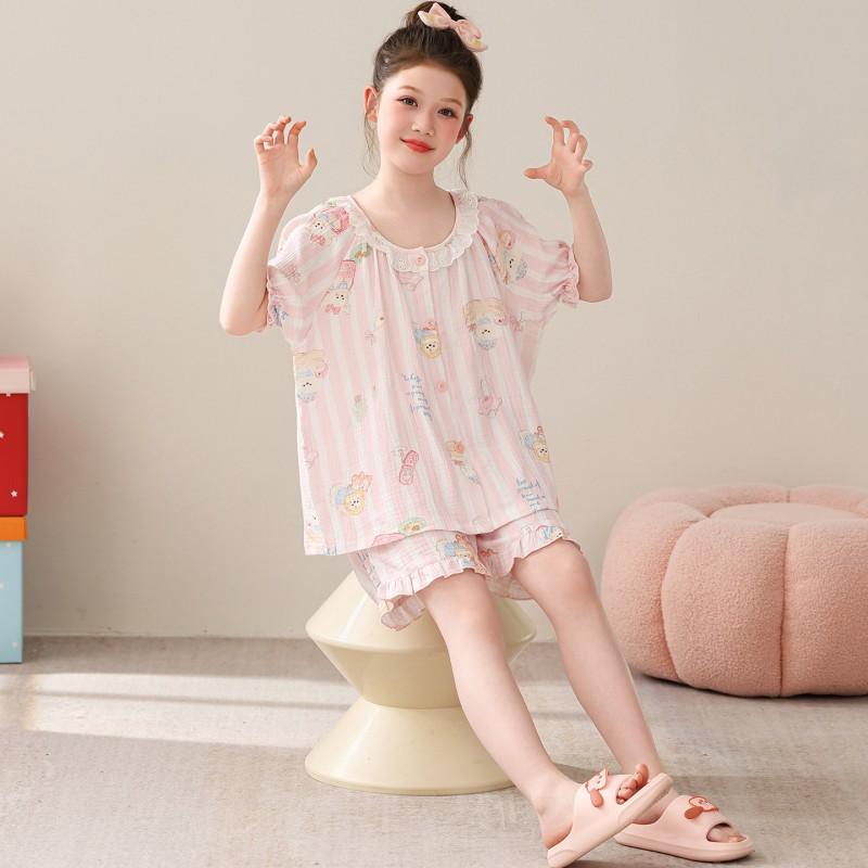 Kids Cotton Cartoon Pajama Set Short Sleeve Sleepwear Girls Princess Style Two Piece Home Outfit