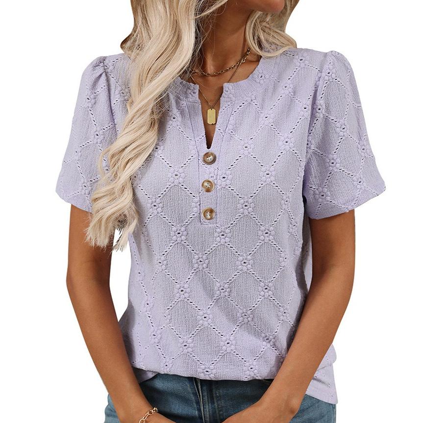 Summer Round Neck Short Sleeved Flower Jacquard Top Button Women's T-shirts