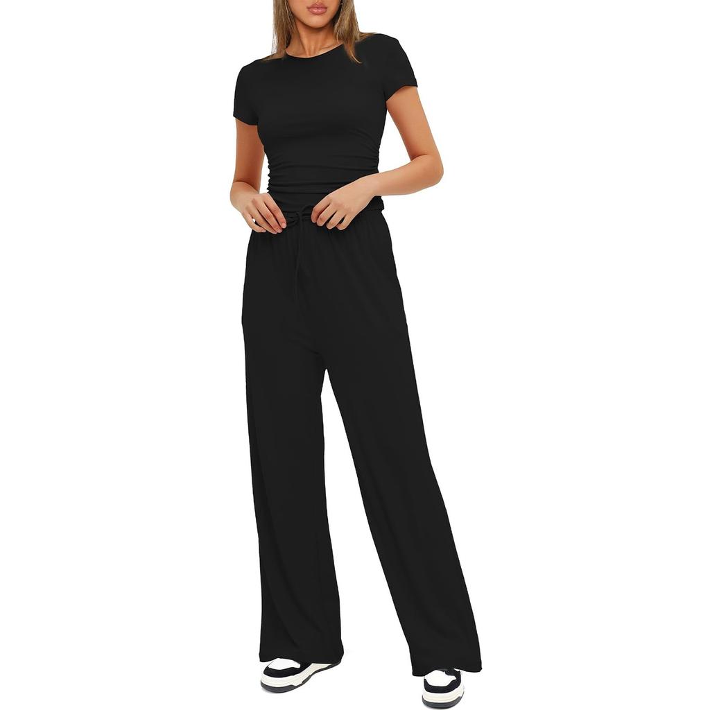 Women's 2 Piece Outfits Sets Ruched Short Sleeve Tops And High Waisted Wide Leg Pants Tracksuit Sets