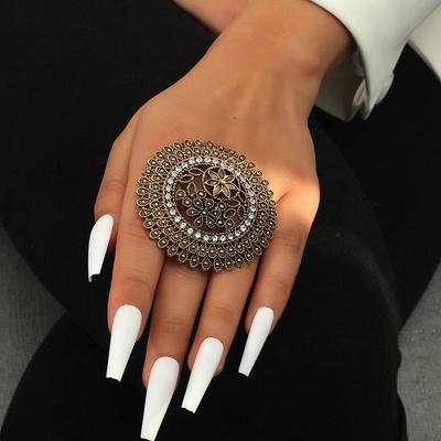 Retro Ethnischer Stil Diamantring: Großer Spiegel Rund Hohl Design