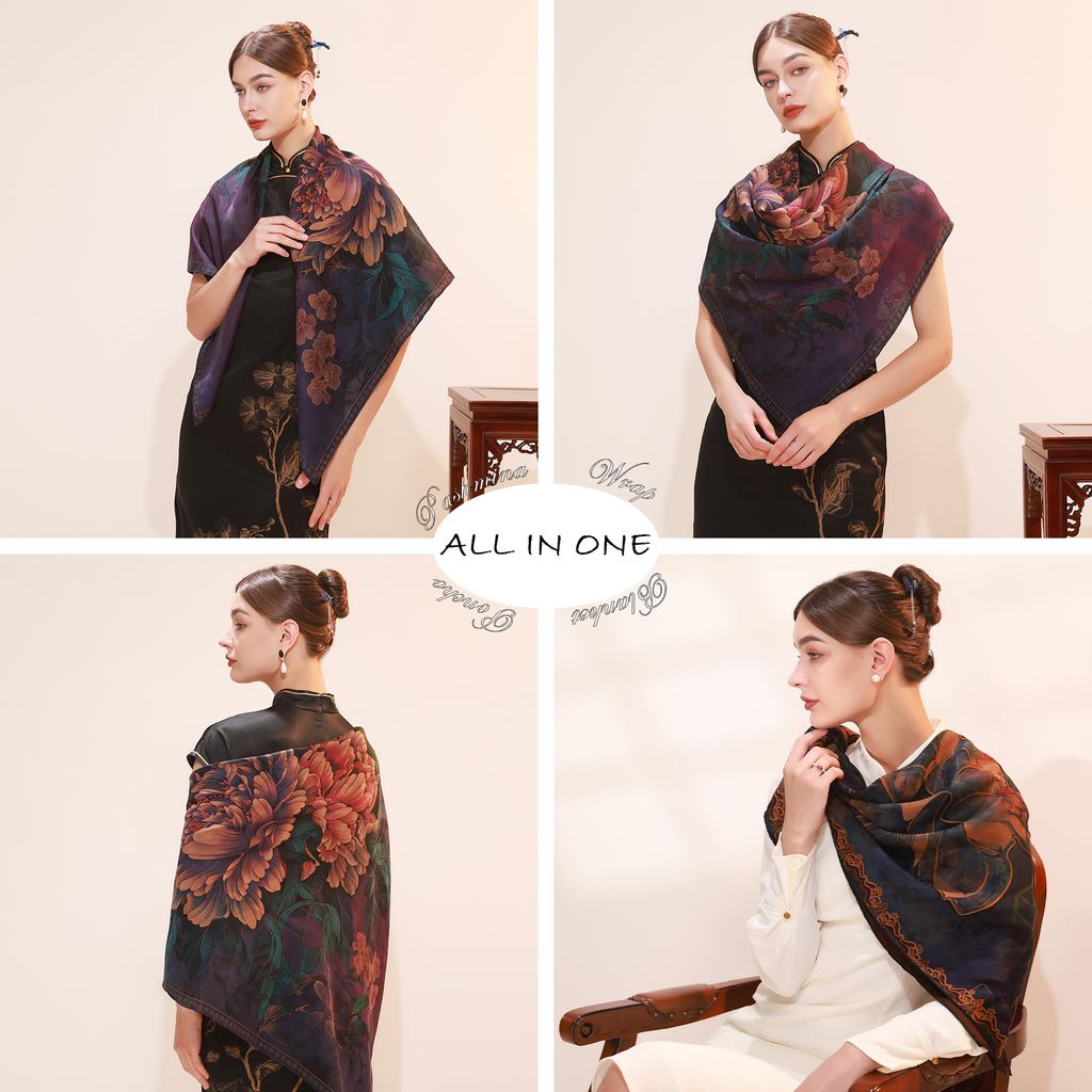 Fragrant Cloud Yarn Purple Flower Design 42x42 Inch Elegant Xiangyun Silk Square Scarf for Women Daily Use