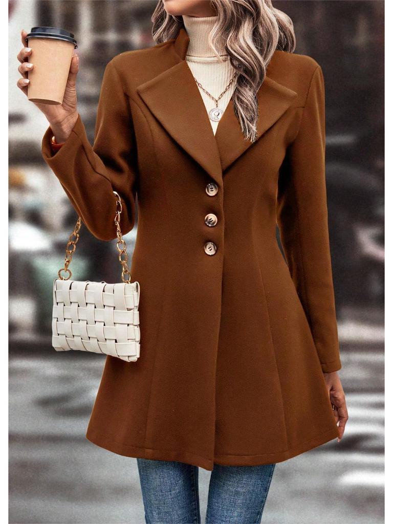 Europäischer und amerikanischer Damen Wollmantel mit Revers in Unifarben - Herbst-/Wintermode