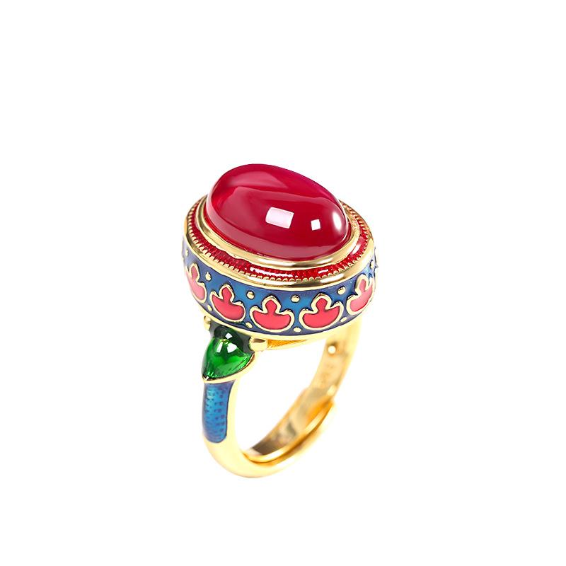 

.1Pc Ancient Gold Craftsmanship Natural Carnelian Rings For Women Flower Enamel National Style Light Luxury Wedding Jewelry Gift