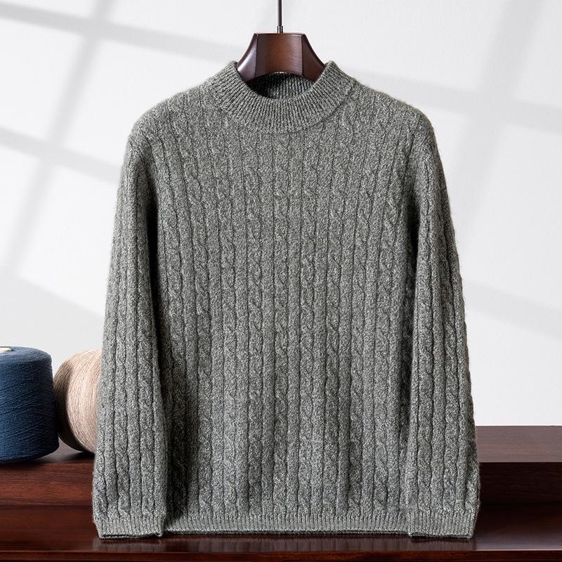Men's Thickened High Neck Cable Knit Cashmere Sweater - Loose Fit Casual Autumn/Winter Top