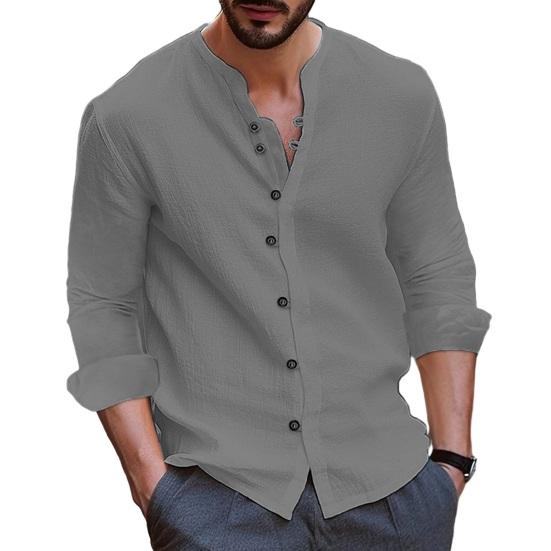 Retrostijl Heren Effen Kleur Shirt Tops Opstaande Kraag Lange Mouw Single Breasted Losse Tops Casual Werkshirt Werkkleding