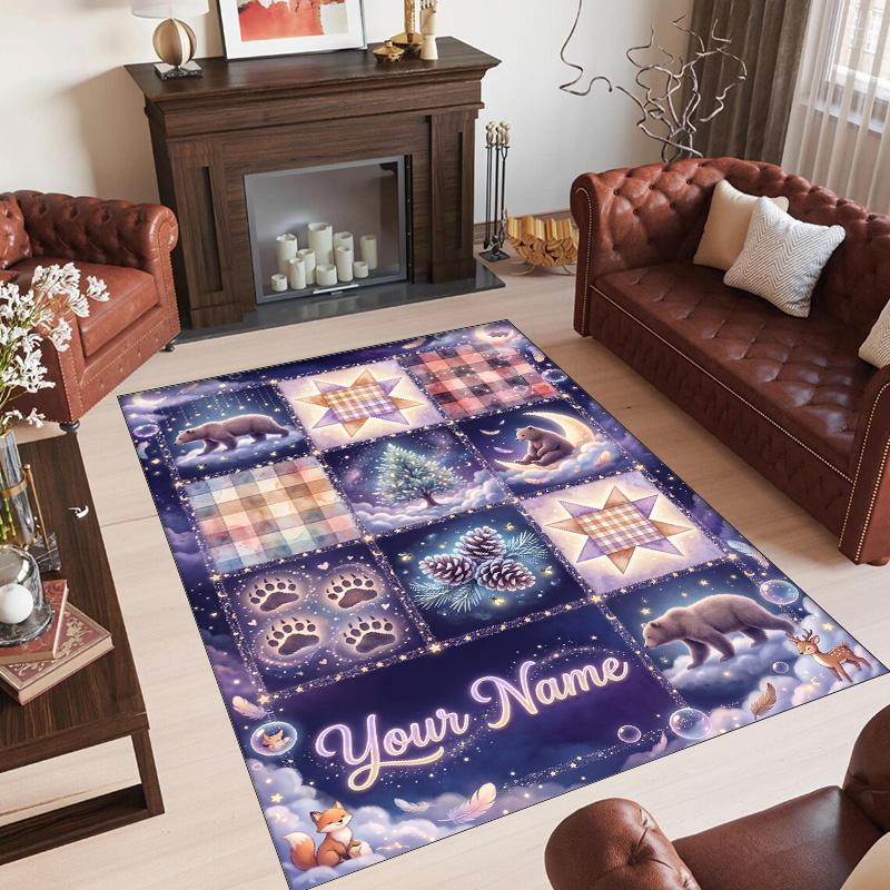 Teddy Bear Theme Crystal Velvet Rug Personalized Custom Name Text Soft Floor Mat Home Decor
